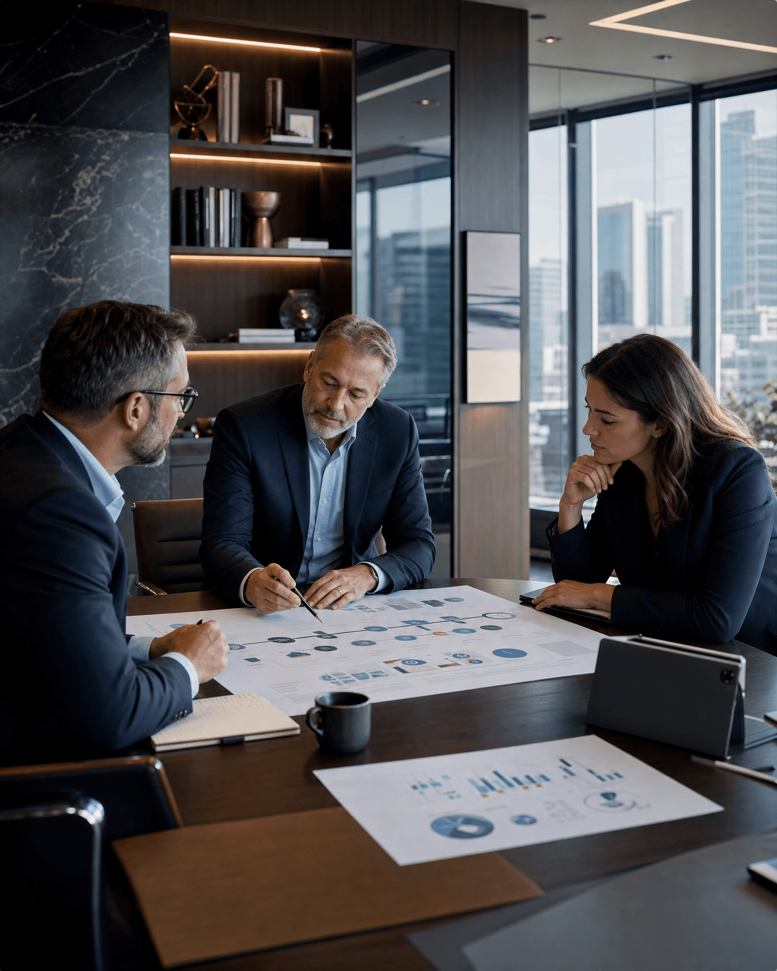 Three consultants reviewing a printed growth roadmap and performance charts with a client at a boardroom table in a modern city-view office