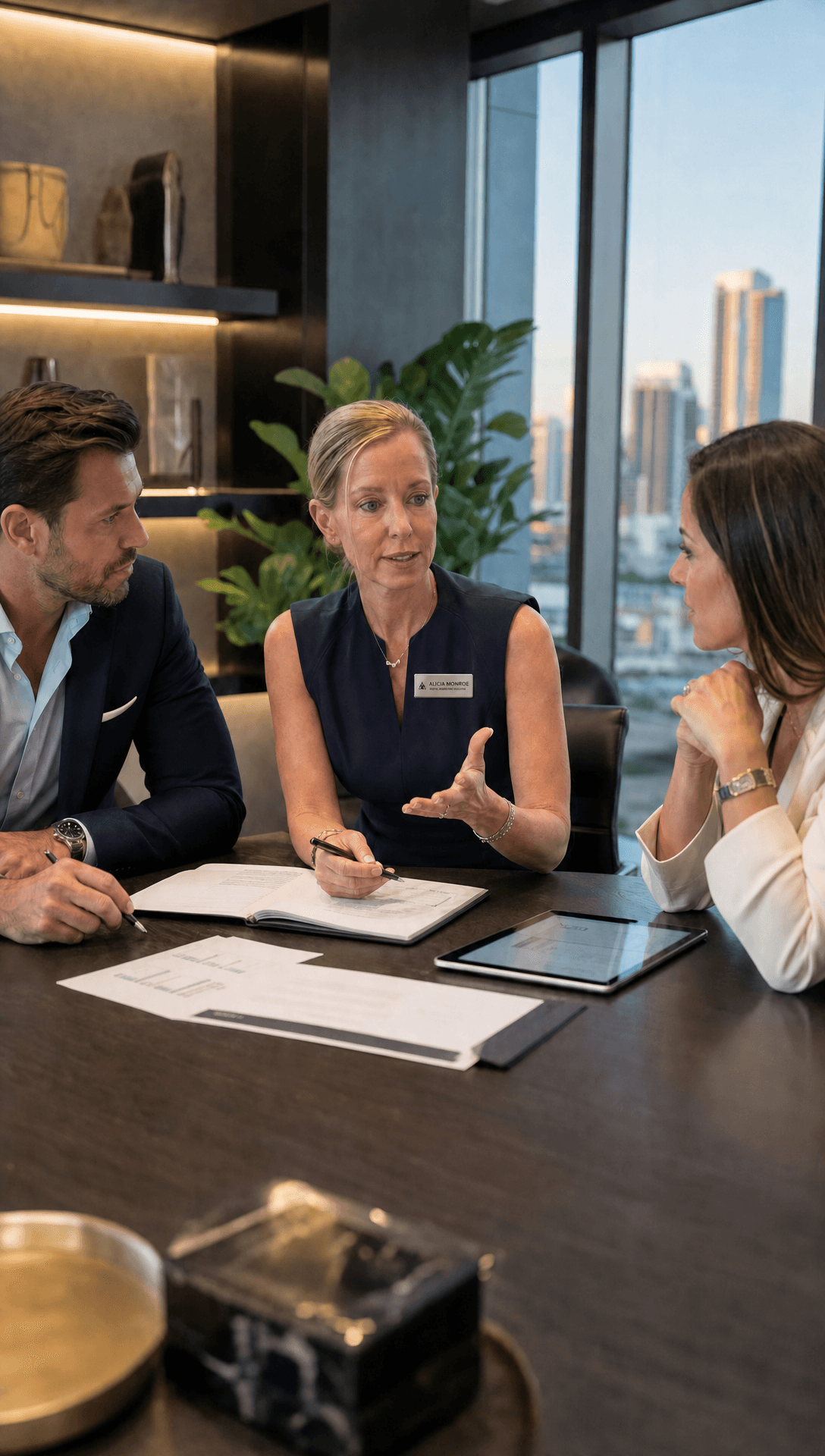 A Hathrise strategist leading a collaborative strategy discussion with two clients at a boardroom table in a modern city-view office